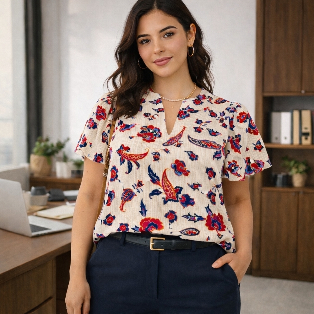 Nwt Grace & Mila Paisley Flutter Sleeve Blouse Cream Red Blue Boho Chic